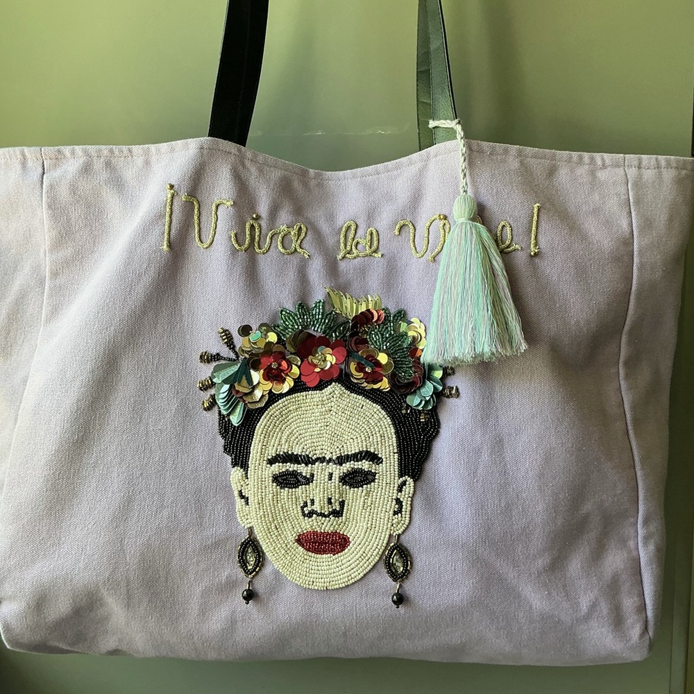 Frida Kahlo Bead and Sequin Embroidered Tote lavender